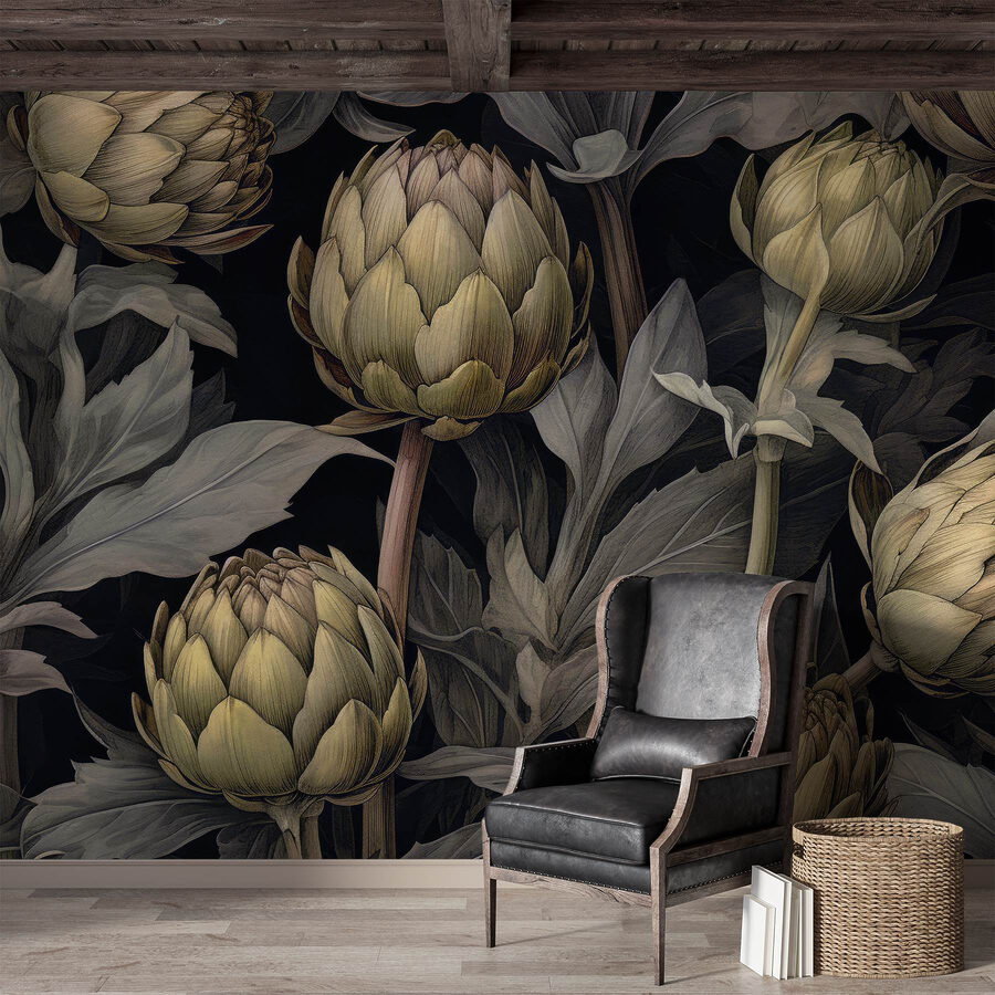 Artichauts et feuilles sur fond noir