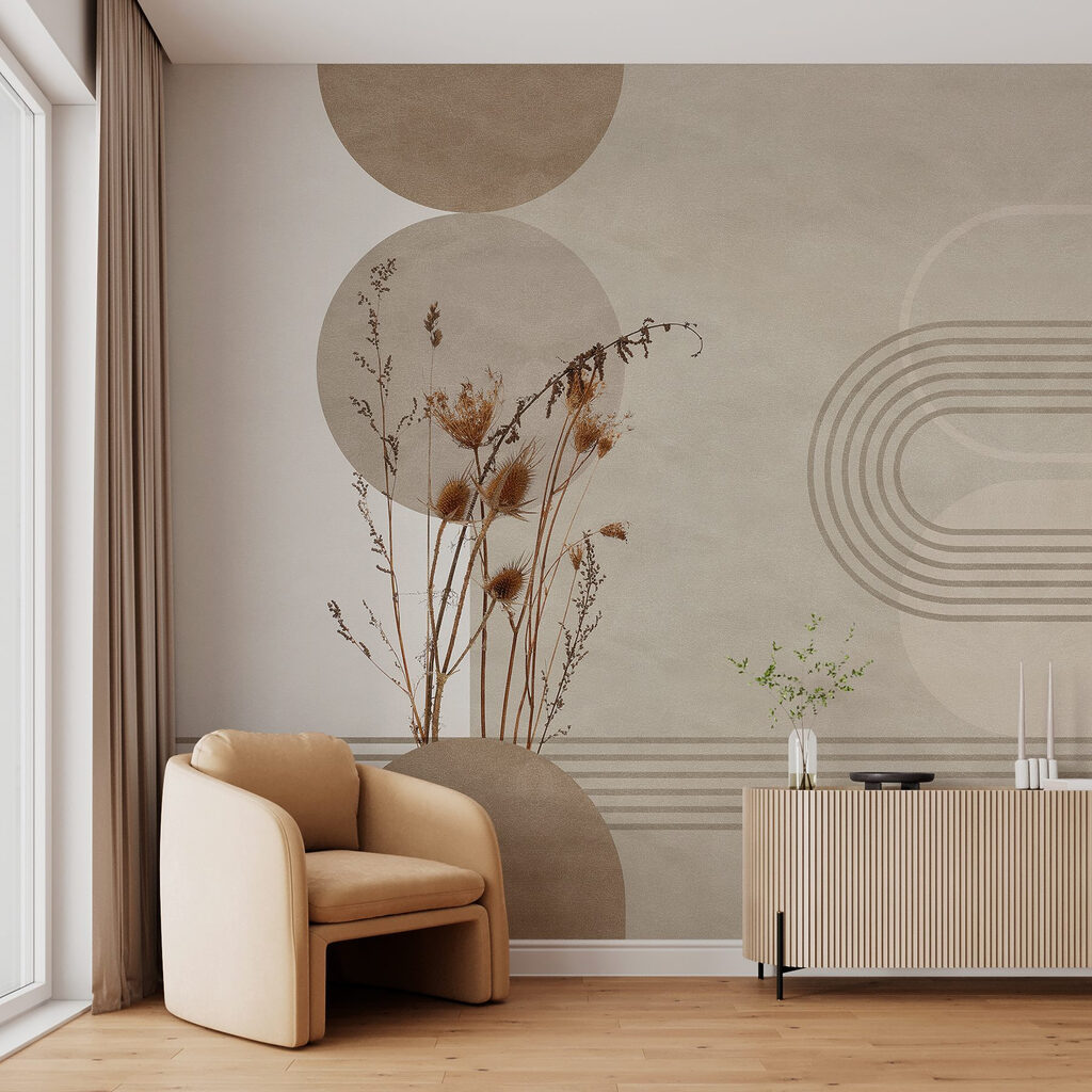 Brown and white background with brown and white circles and plants Brown and white background with brown and white circles and plants