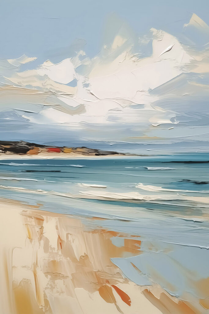 Painting of a beach and water