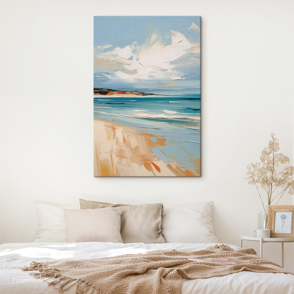 Painting of a beach and water