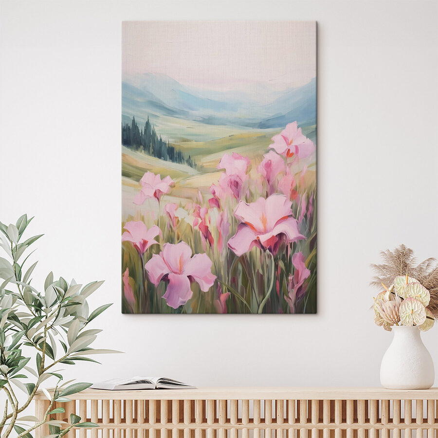 Peinture de fleurs roses dans un champ