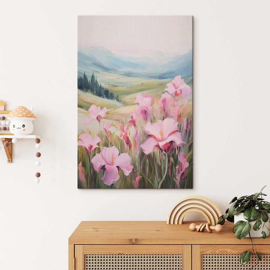 Peinture de fleurs roses dans un champ