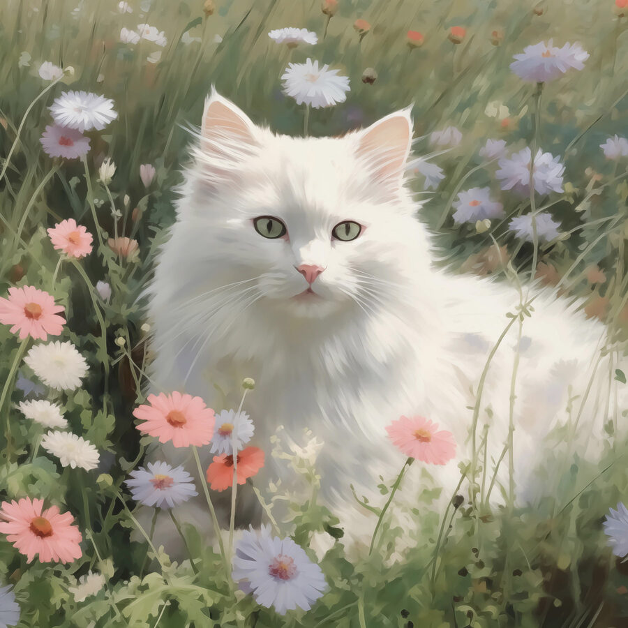 Tableaux Chat blanc dans un champ de fleurs – Image 7