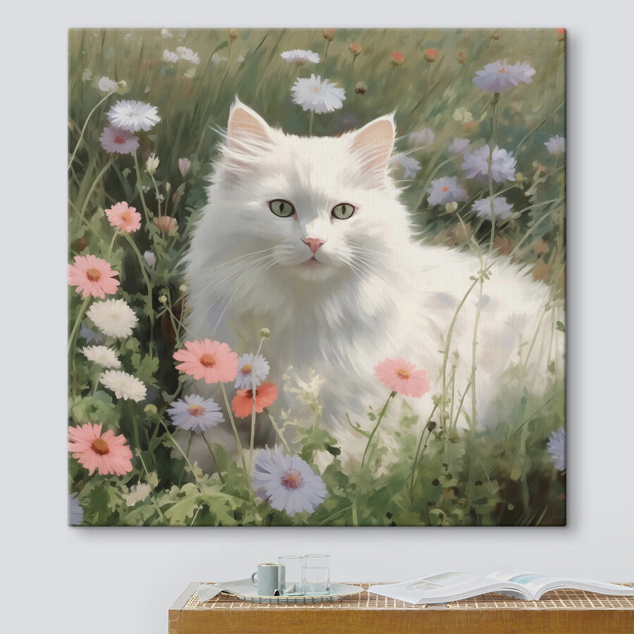 Tableaux Chat blanc dans un champ de fleurs