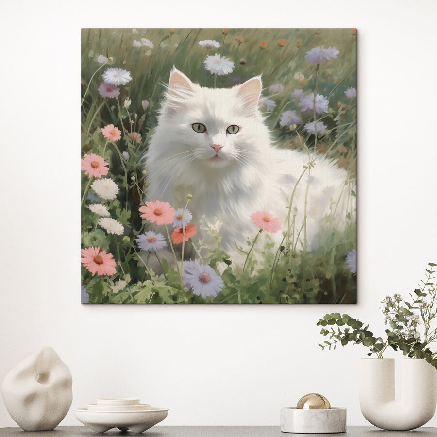 Tableaux Chat blanc dans un champ de fleurs – Image 2