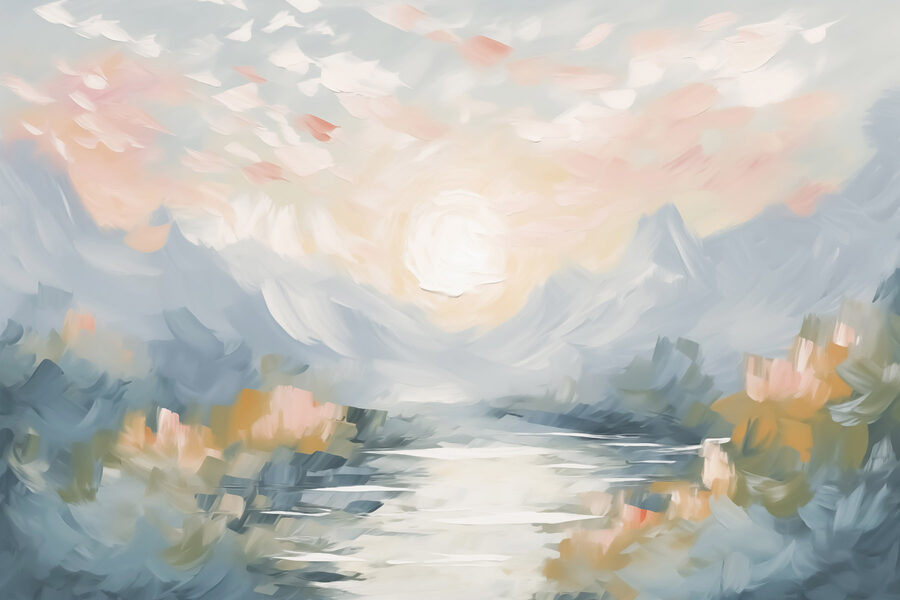 Peinture d'une rivière et de montagnes