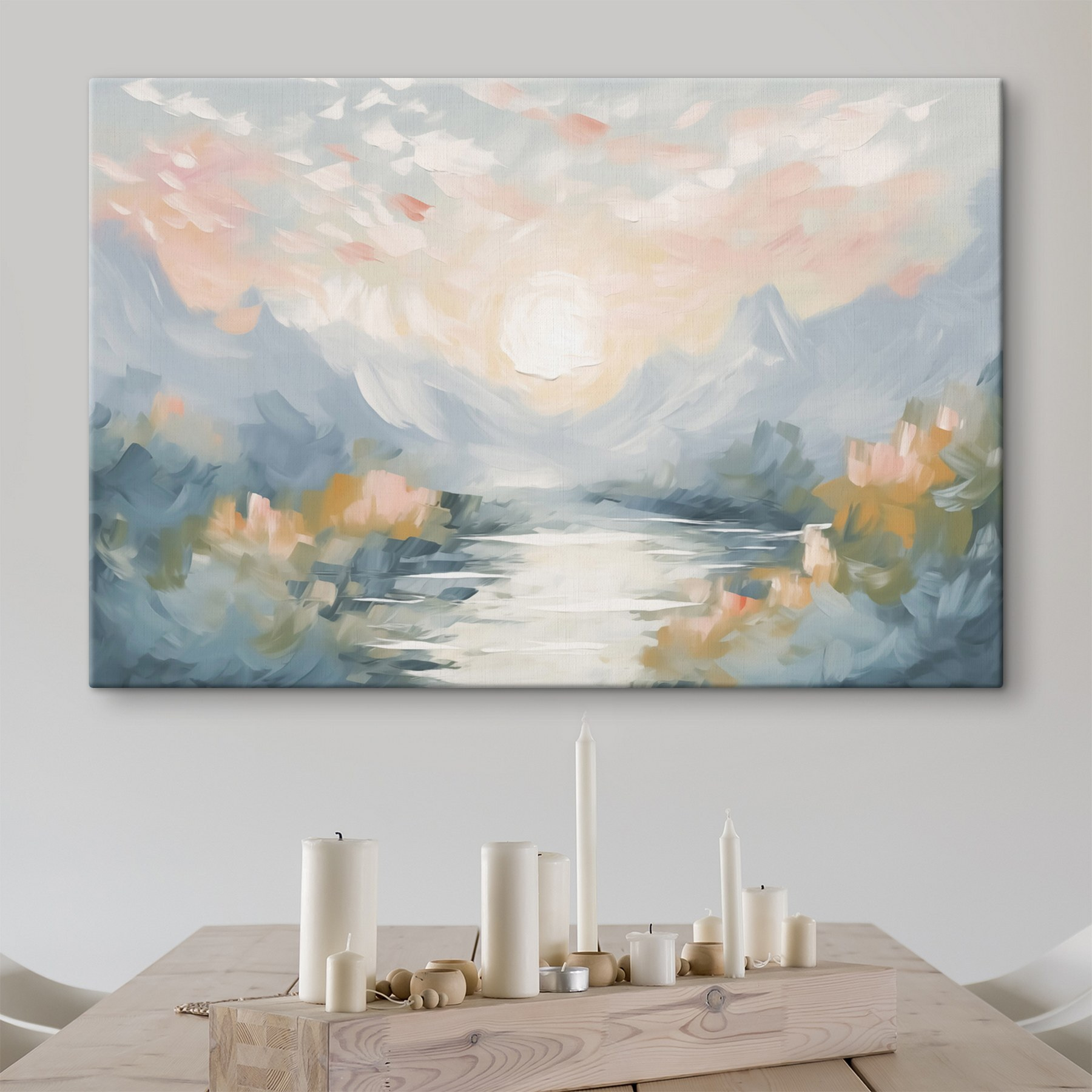 Painting of a river and mountains