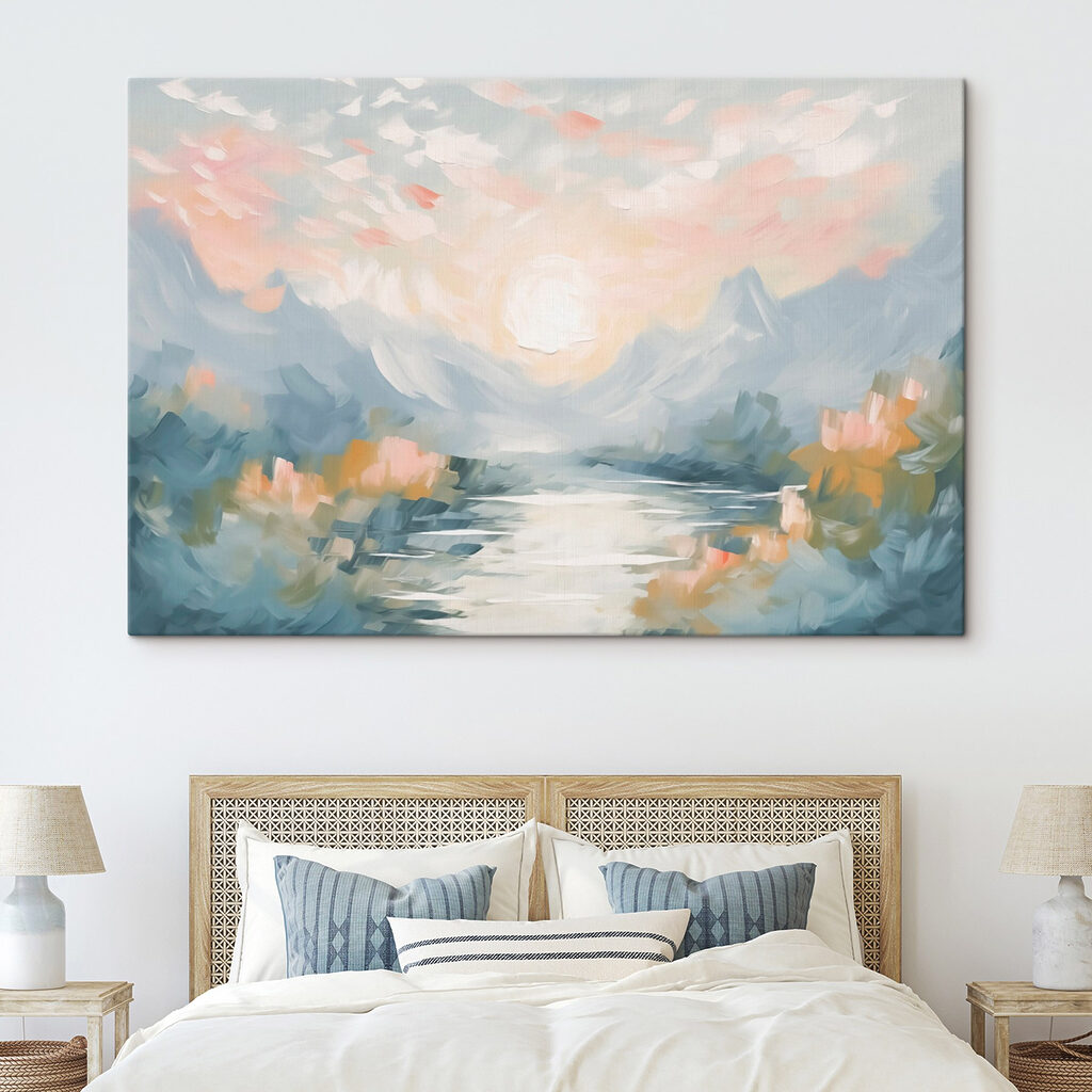 Painting of a river and mountains