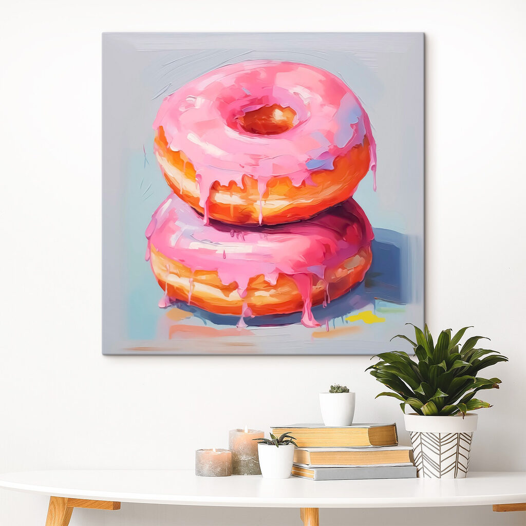 Two donuts with pink frosting Two donuts with pink frosting