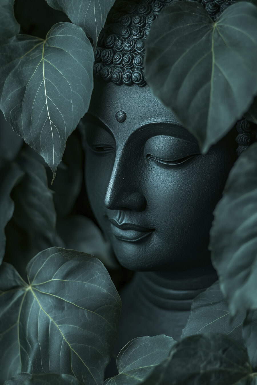 Statue d'un visage de personne entouré de feuilles