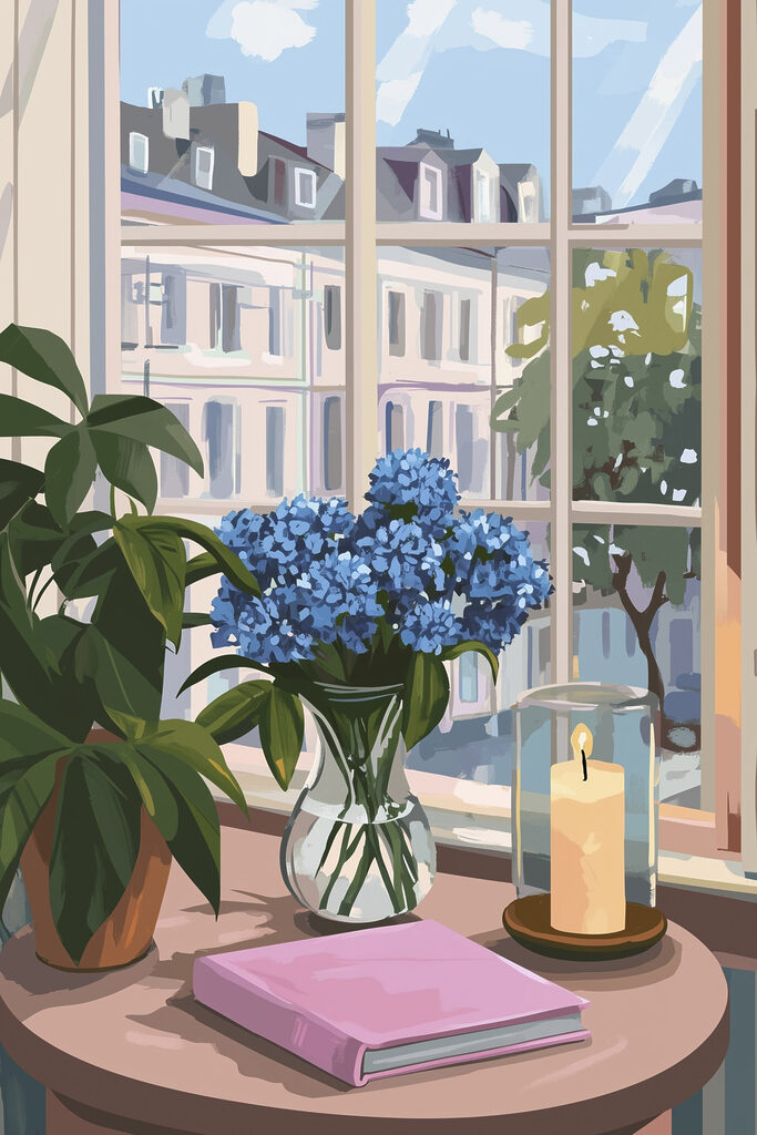 Vase of flowers and a candle in front of a window