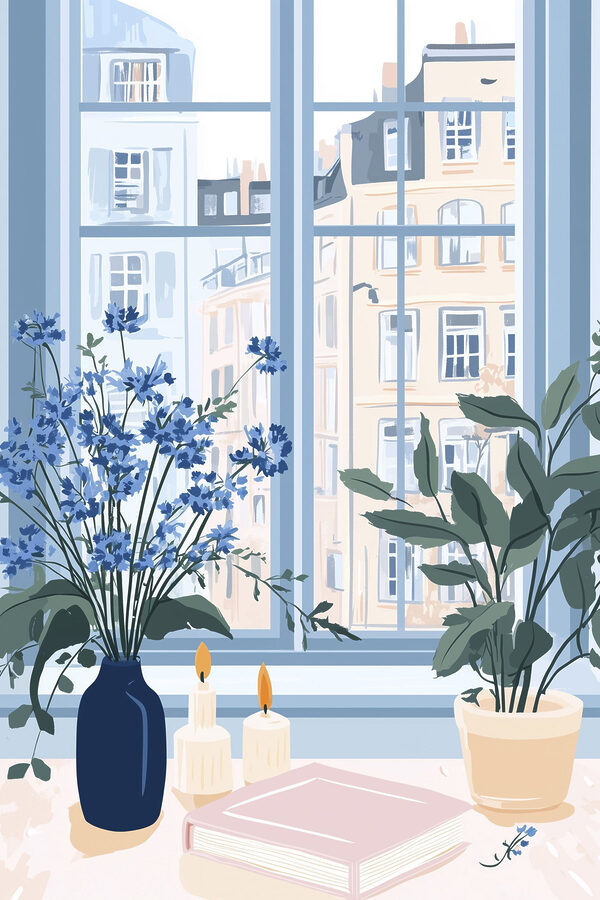 Fenêtre avec fleurs et bougies Fenêtre avec fleurs et bougies