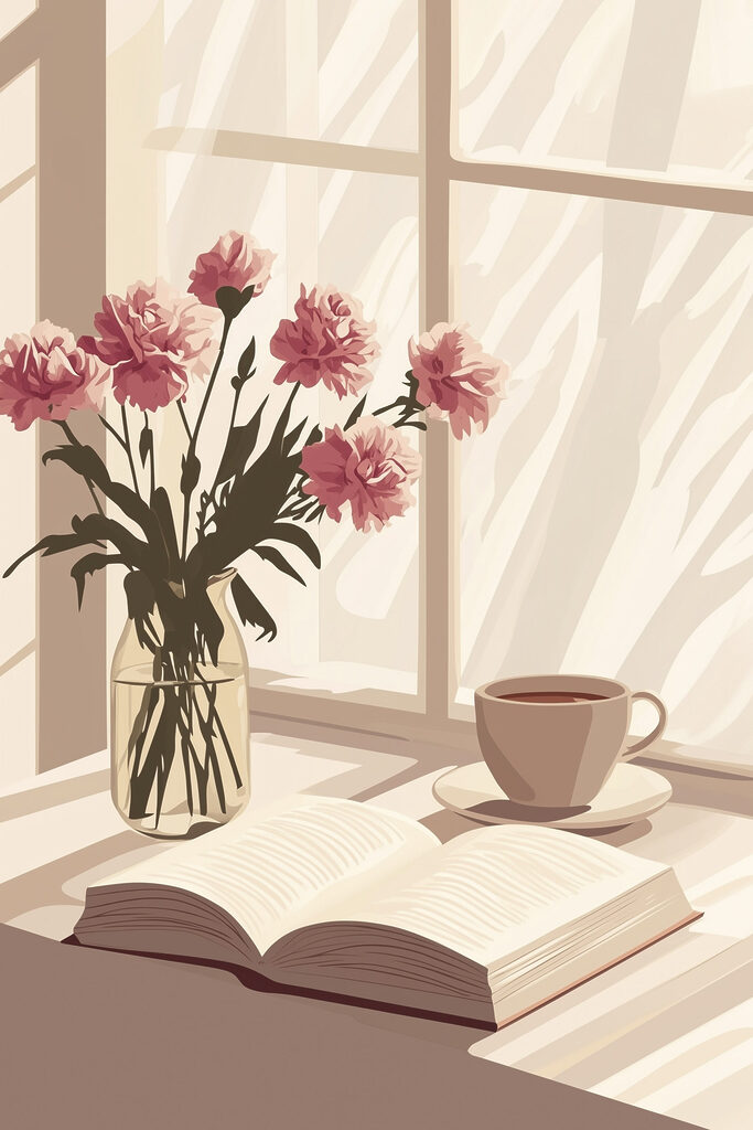 Book and a vase of flowers
