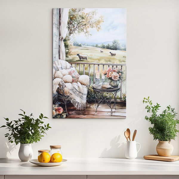 Painting of sheep on a porch Painting of sheep on a porch