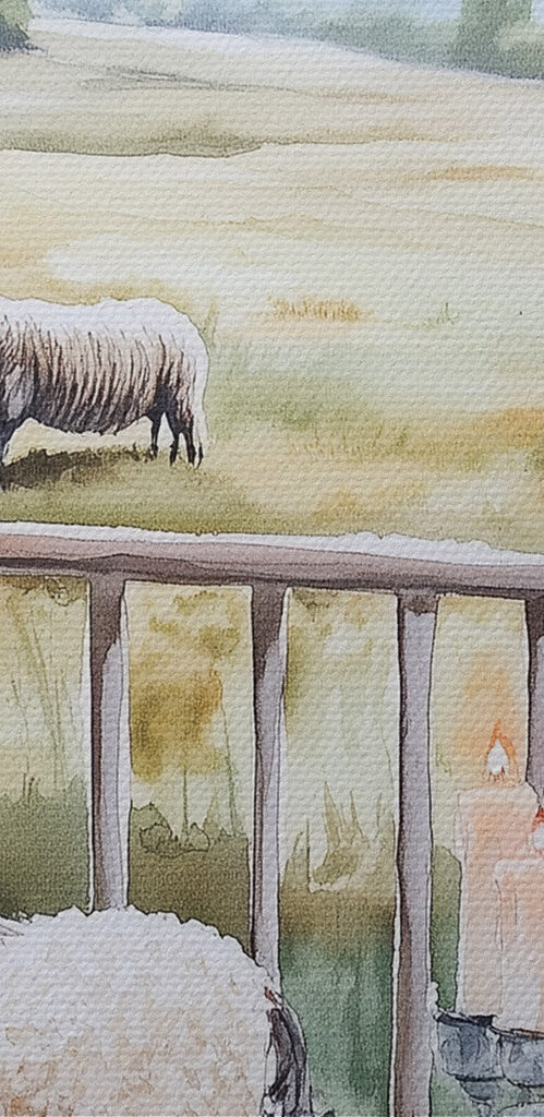 Painting of sheep on a porch