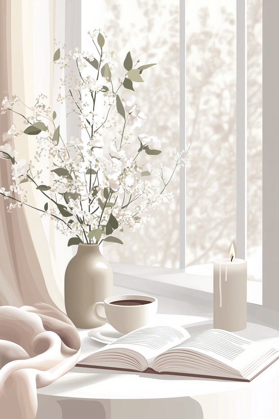 Tasse de café et vase de fleurs sur le rebord d'une fenêtre