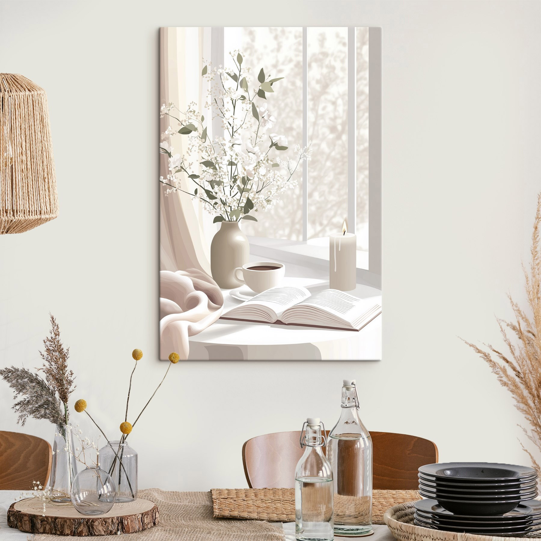 Cup of coffee and a vase of flowers on a window sill