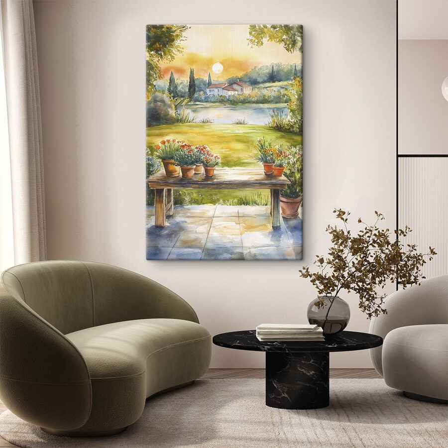 Peinture à l'aquarelle d'une table sur laquelle sont posées des plantes en pot