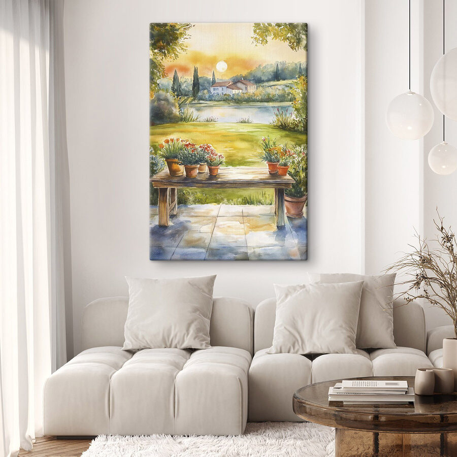 Peinture à l'aquarelle d'une table sur laquelle sont posées des plantes en pot
