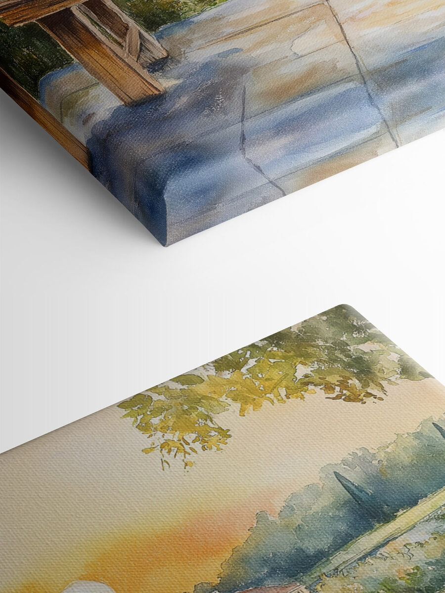 Peinture à l'aquarelle d'une table sur laquelle sont posées des plantes en pot