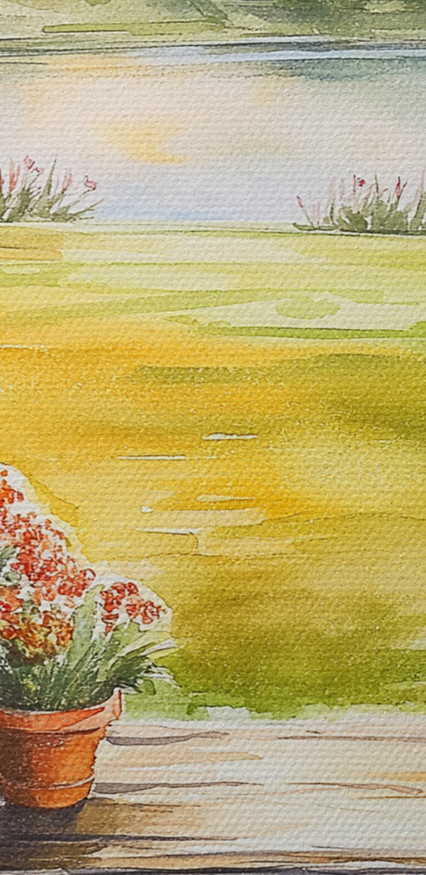 Peinture à l'aquarelle d'une table sur laquelle sont posées des plantes en pot