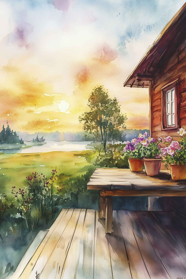 Aquarelle d'une maison avec des fleurs sur une table Aquarelle d'une maison avec des fleurs sur une table