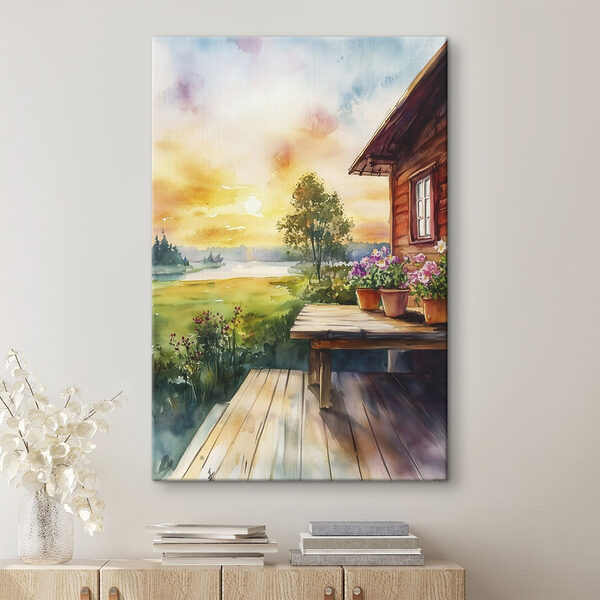 Aquarelle d'une maison avec des fleurs sur une table Aquarelle d'une maison avec des fleurs sur une table