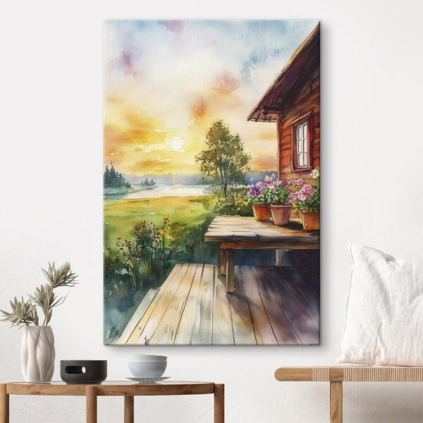 Aquarelle d'une maison avec des fleurs sur une table Aquarelle d'une maison avec des fleurs sur une table