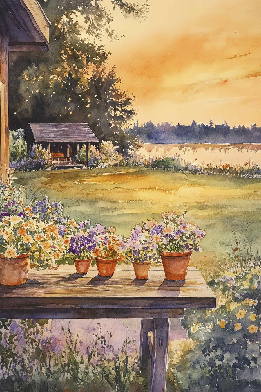 Aquarelle d'un porche avec des fleurs en pot sur une table
