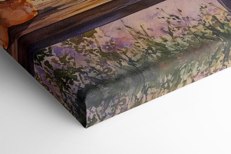 Aquarelle d'un porche avec des fleurs en pot sur une table