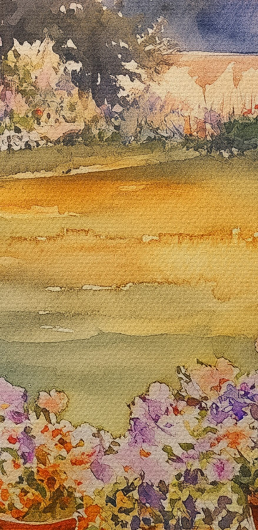 Aquarelle d'un porche avec des fleurs en pot sur une table