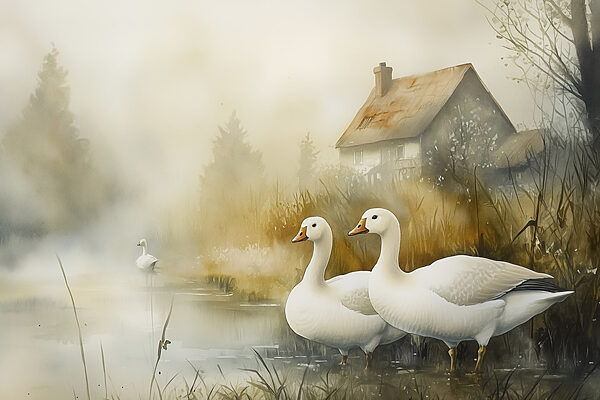 Aquarelle d'oies dans un étang Aquarelle d'oies dans un étang