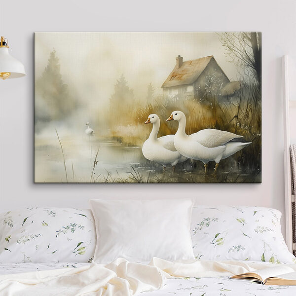 Aquarelle d'oies dans un étang Aquarelle d'oies dans un étang