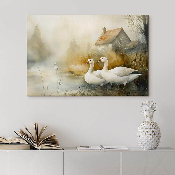 Aquarelle d'oies dans un étang Aquarelle d'oies dans un étang