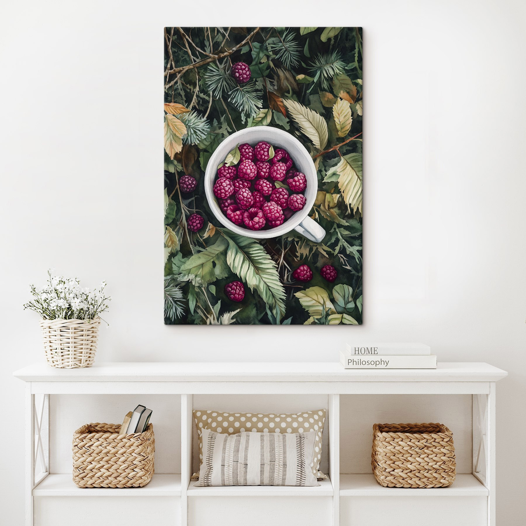 Cup of raspberries on leaves