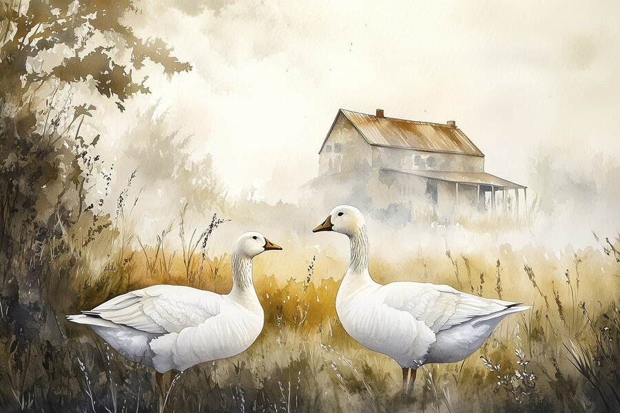 Aquarelle de deux oies dans un champ