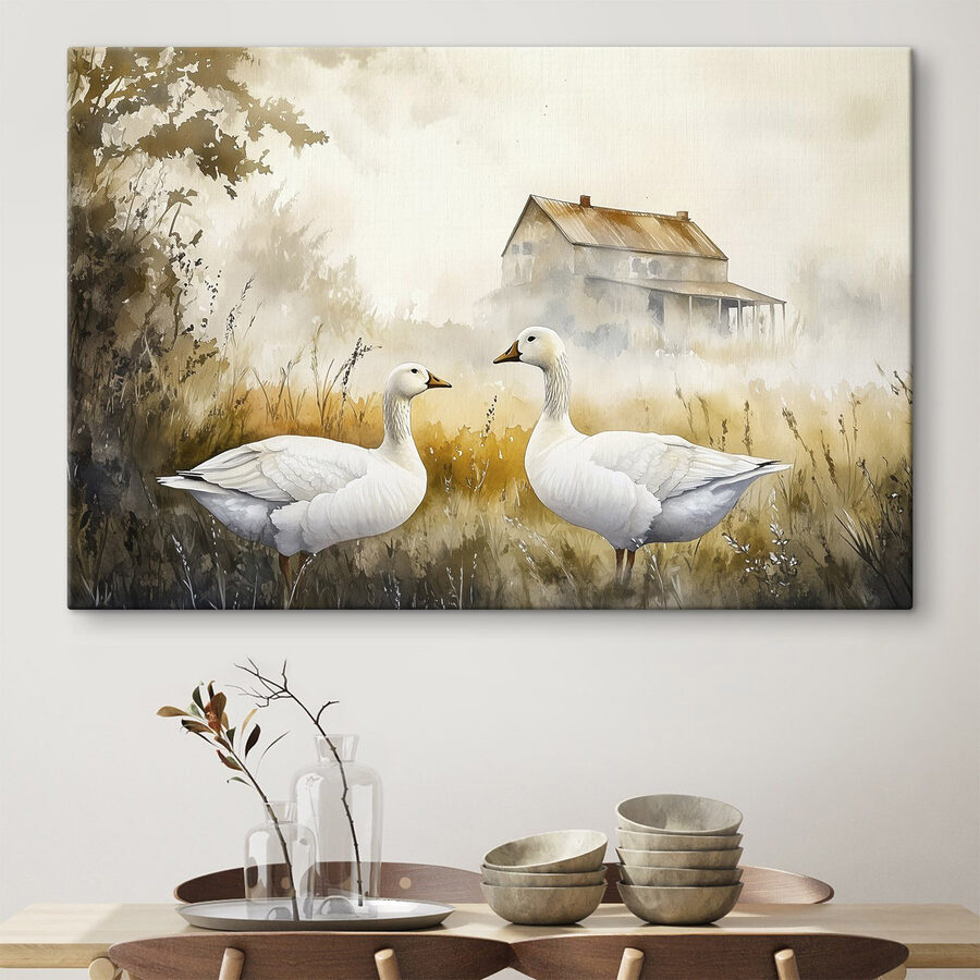 Aquarelle de deux oies dans un champ