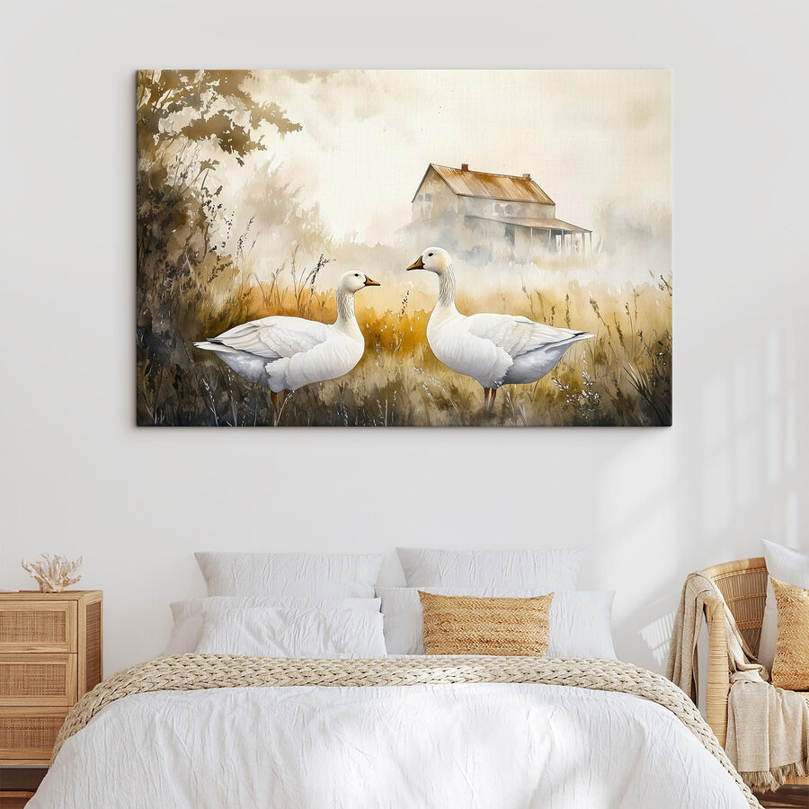 Aquarelle de deux oies dans un champ