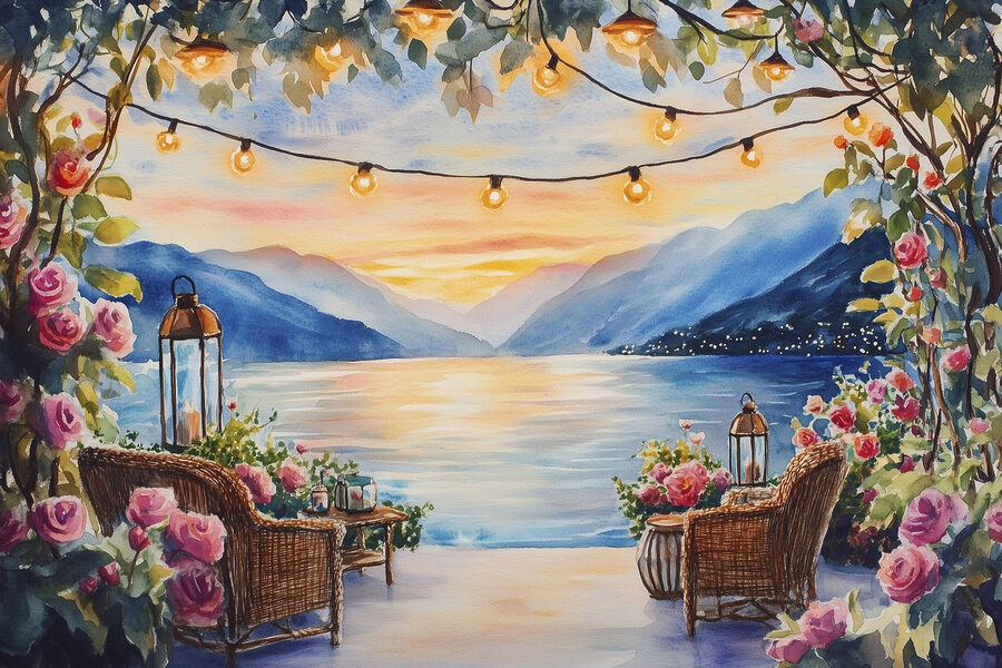 Peinture à l'aquarelle d'une terrasse avec des chaises, des fleurs et des lumières au bout d'une ficelle
