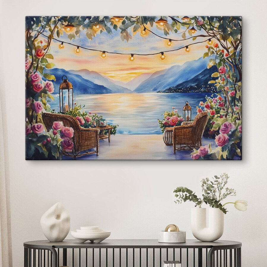 Peinture à l'aquarelle d'une terrasse avec des chaises, des fleurs et des lumières au bout d'une ficelle