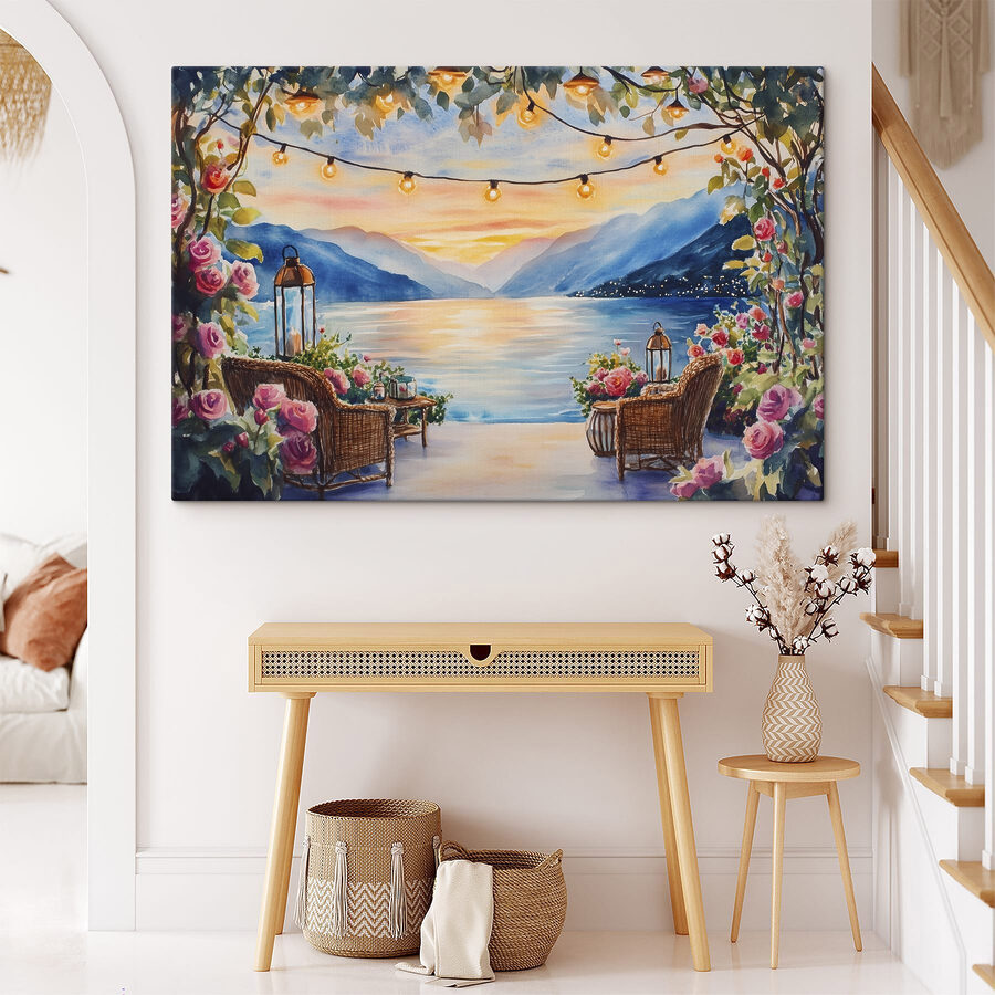 Peinture à l'aquarelle d'une terrasse avec des chaises, des fleurs et des lumières au bout d'une ficelle