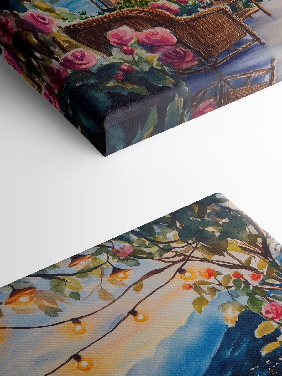 Peinture à l'aquarelle d'une terrasse avec des chaises, des fleurs et des lumières au bout d'une ficelle