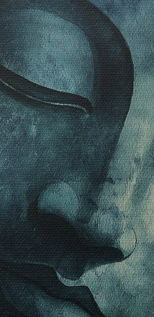 Statue of a person with leaves around it