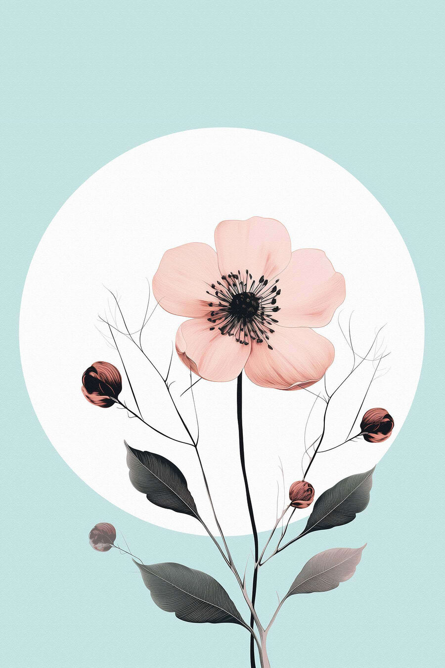 Fleur rose avec centre et feuilles noirs