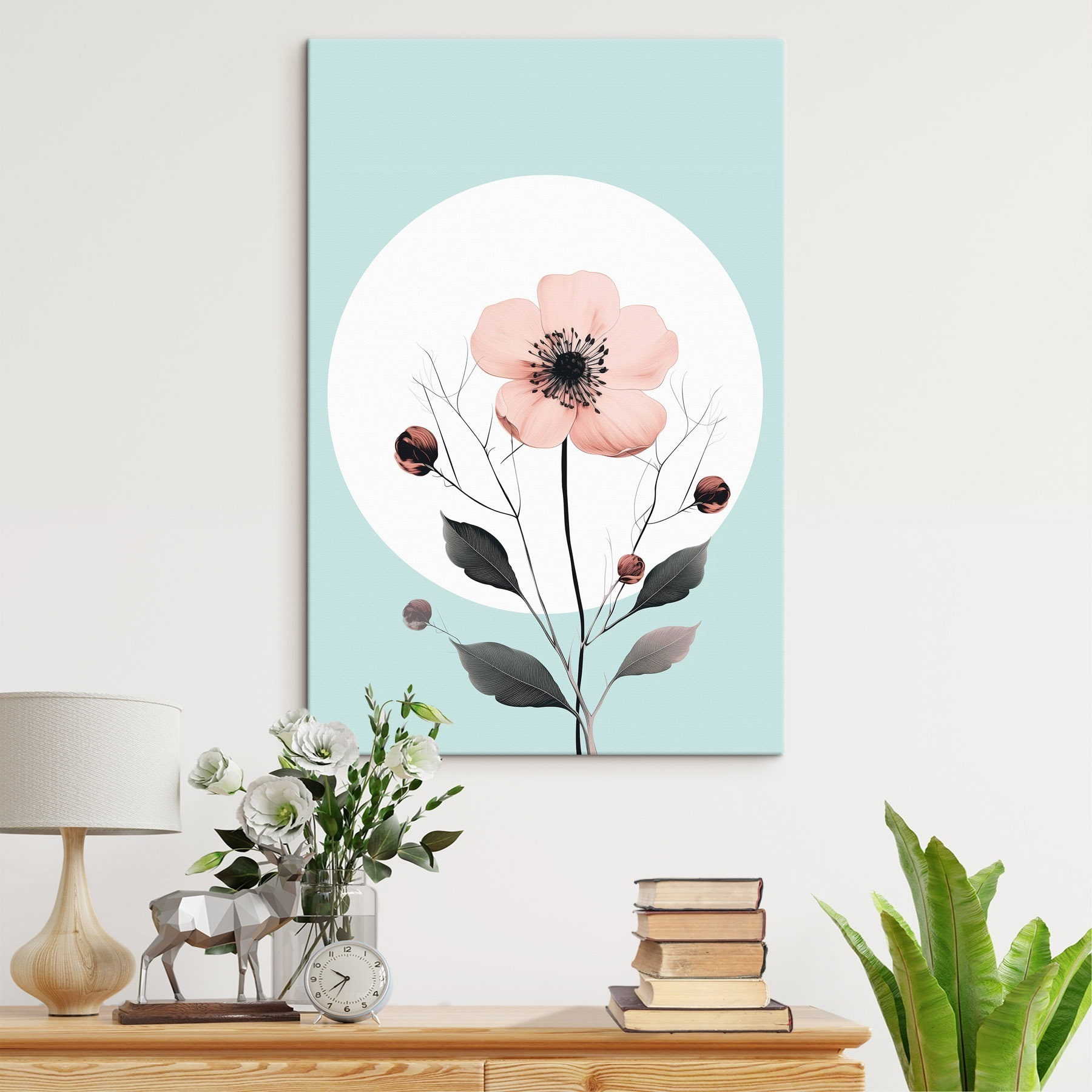 Pink flower with black center and leaves