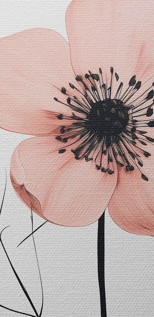 Pink flower with black center and leaves