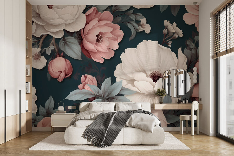 Motif floral avec des fleurs blanches et roses