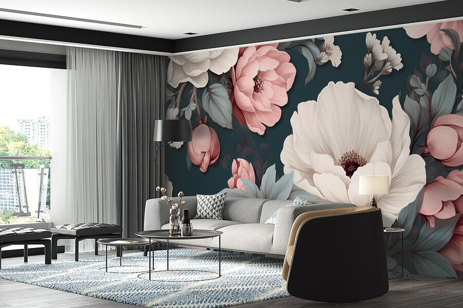Motif floral avec des fleurs blanches et roses