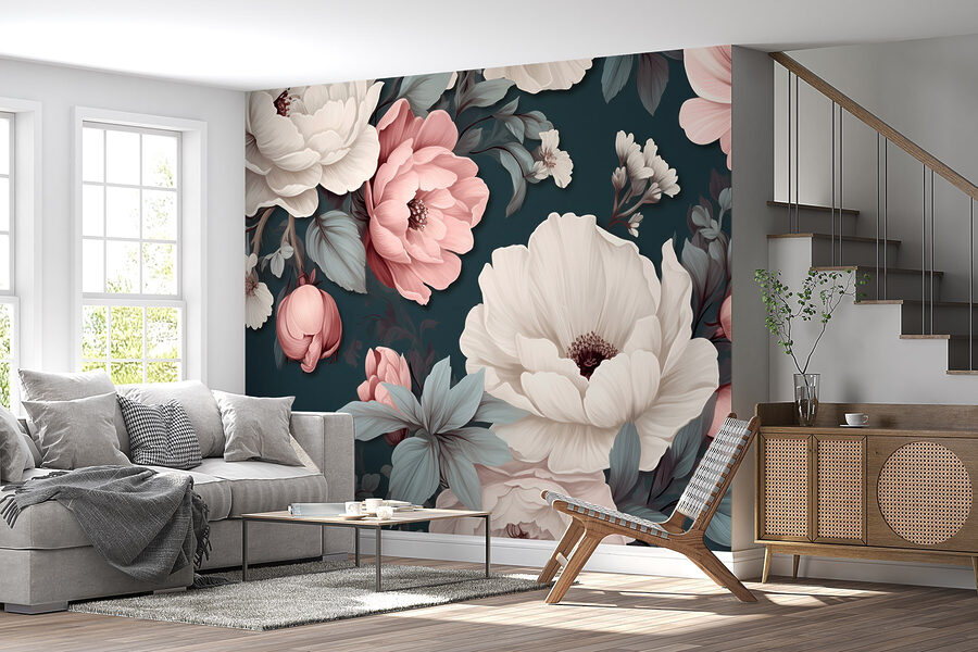Motif floral avec des fleurs blanches et roses