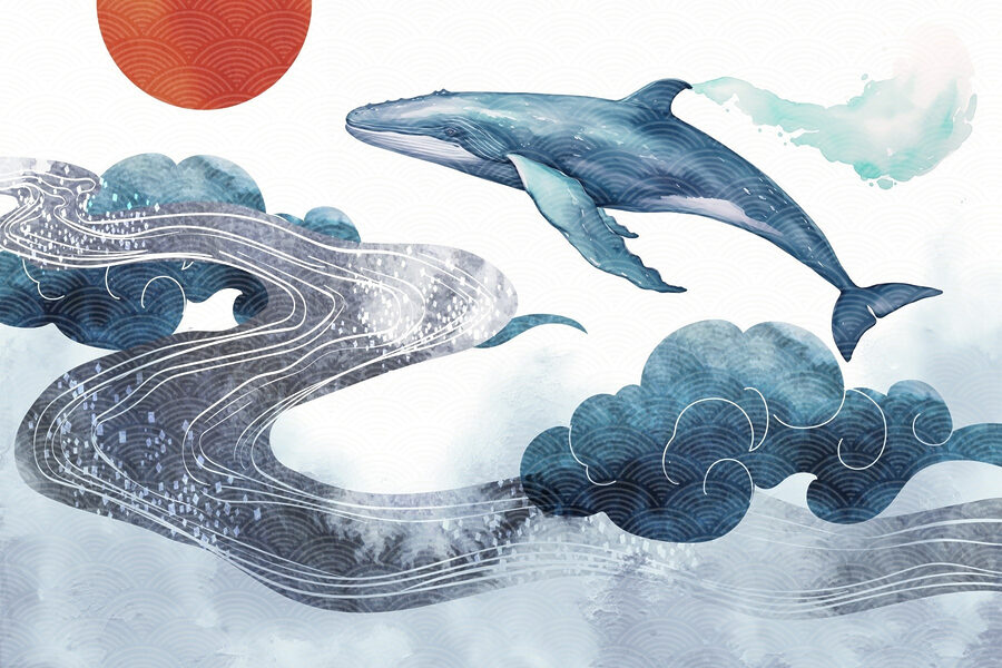 Baleine et eau avec un soleil rouge